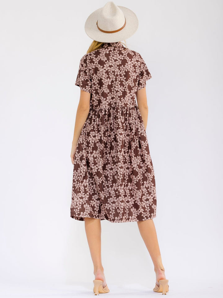 WOMEN'S SHORT SLEEVE BUTTON UP FRONT POCKETS FLORAL MIDI DRESS