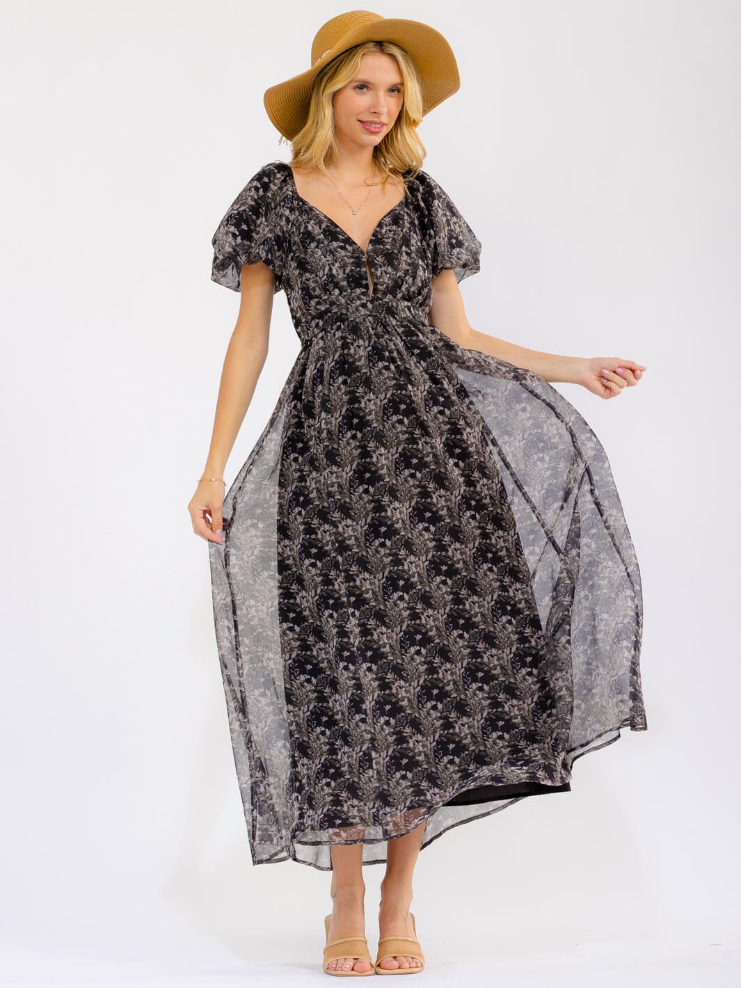 WOMEN'S SHORT PUFF SLEEVE V- NECK SMOCK FLORAL MAXI DRESS