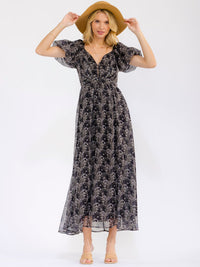 WOMEN'S SHORT PUFF SLEEVE V- NECK SMOCK FLORAL MAXI DRESS