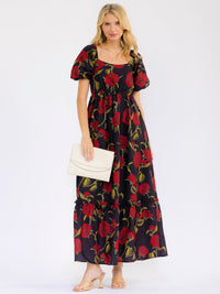 WOMEN'S SHORT PUFF SLEEVE SQUARE NECK ELASTIC WAIST TIERED FLORAL MAXI DRESS