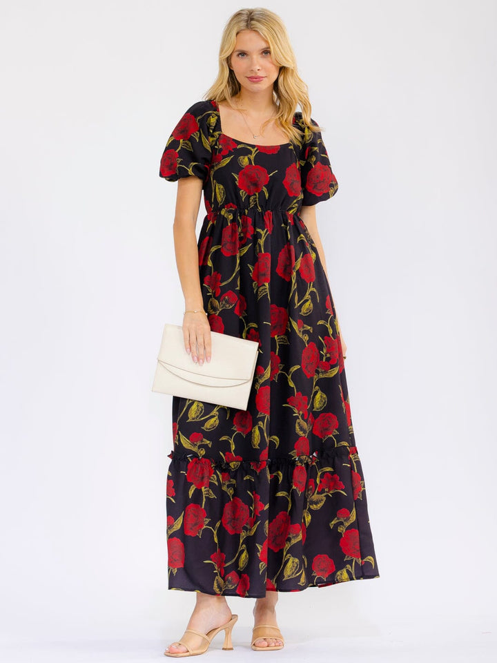 WOMEN'S SHORT PUFF SLEEVE SQUARE NECK ELASTIC WAIST TIERED FLORAL MAXI DRESS