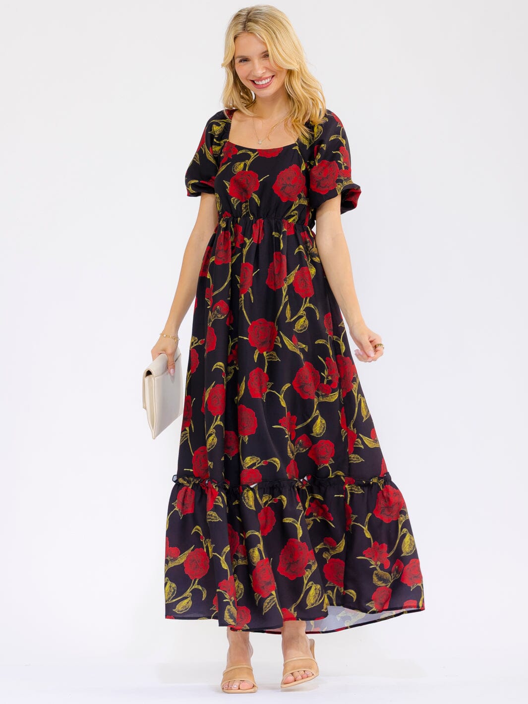 WOMEN'S SHORT PUFF SLEEVE SQUARE NECK ELASTIC WAIST TIERED FLORAL MAXI DRESS