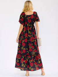 WOMEN'S SHORT PUFF SLEEVE SQUARE NECK ELASTIC WAIST TIERED FLORAL MAXI DRESS