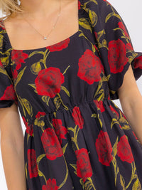 WOMEN'S SHORT PUFF SLEEVE SQUARE NECK ELASTIC WAIST TIERED FLORAL MAXI DRESS