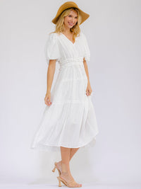 WOMEN'S SHORT PUFF SLEEVE V-NECK FRONT POCKETS TIERED MIDI DRESS