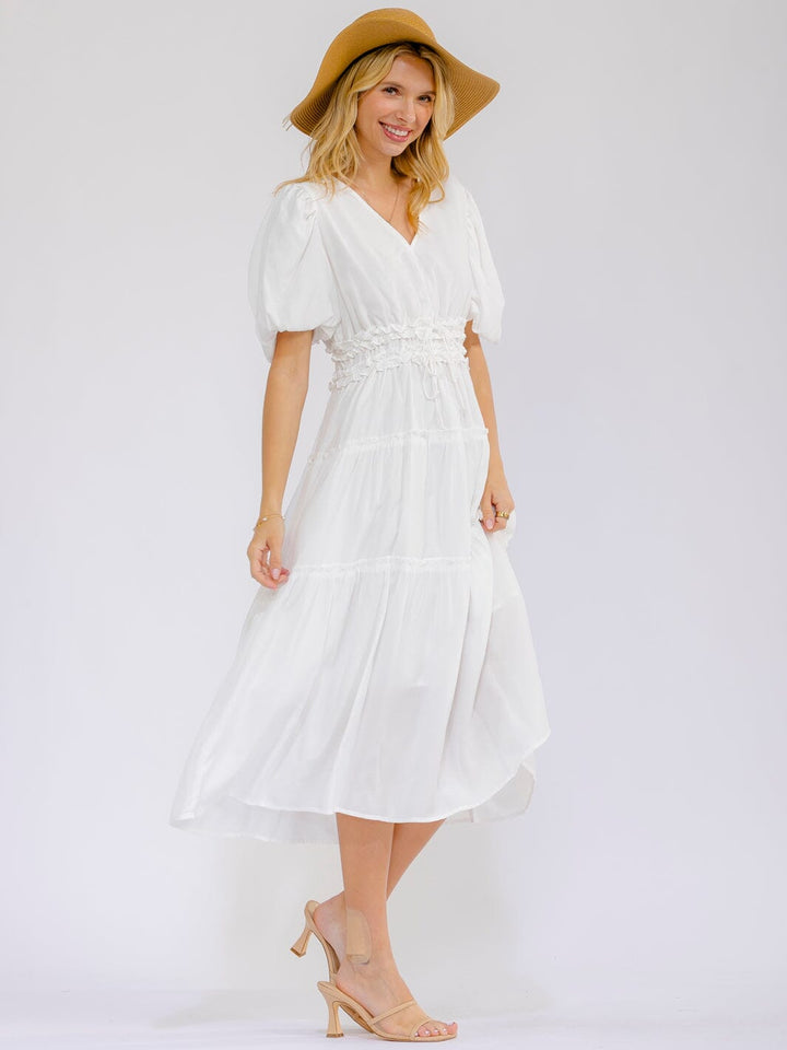WOMEN'S SHORT PUFF SLEEVE V-NECK FRONT POCKETS TIERED MIDI DRESS