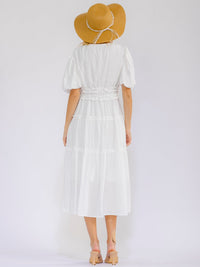 WOMEN'S SHORT PUFF SLEEVE V-NECK FRONT POCKETS TIERED MIDI DRESS