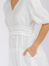 WOMEN'S SHORT PUFF SLEEVE V-NECK FRONT POCKETS TIERED MIDI DRESS