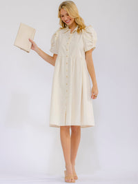 WOMEN'S SHORT PUFF SLEEVE BUTTON UP FRONT POCKETS MIDI DRESS