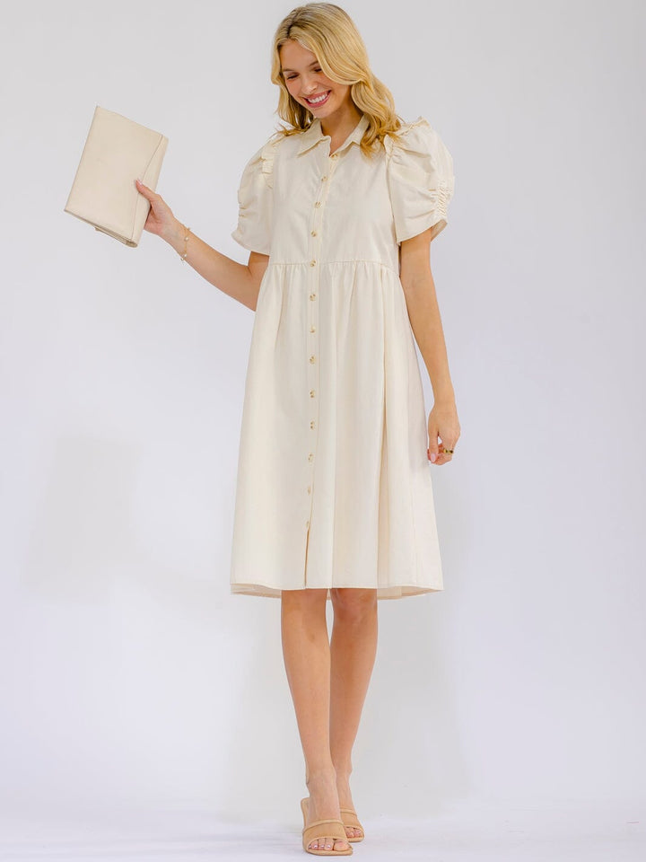 WOMEN'S SHORT PUFF SLEEVE BUTTON UP FRONT POCKETS MIDI DRESS