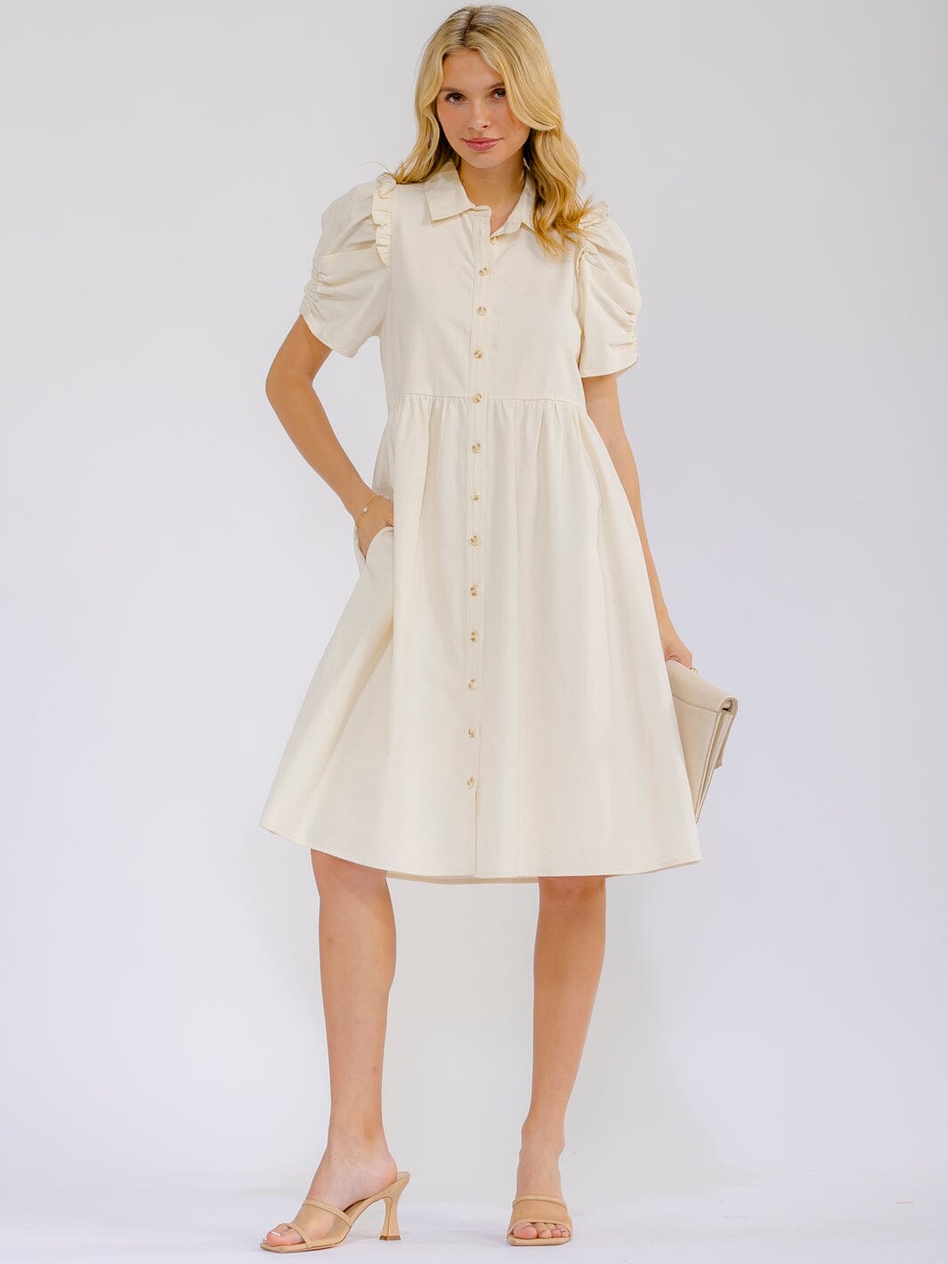 WOMEN'S SHORT PUFF SLEEVE BUTTON UP FRONT POCKETS MIDI DRESS