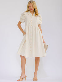WOMEN'S SHORT PUFF SLEEVE BUTTON UP FRONT POCKETS MIDI DRESS