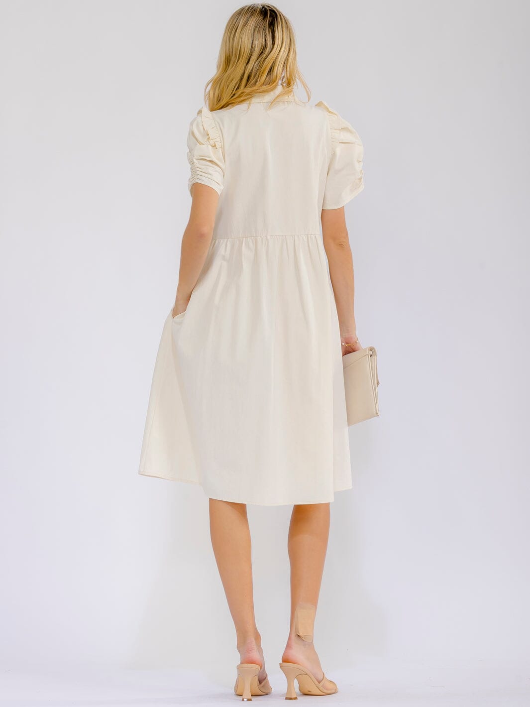 WOMEN'S SHORT PUFF SLEEVE BUTTON UP FRONT POCKETS MIDI DRESS