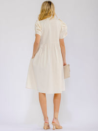 WOMEN'S SHORT PUFF SLEEVE BUTTON UP FRONT POCKETS MIDI DRESS