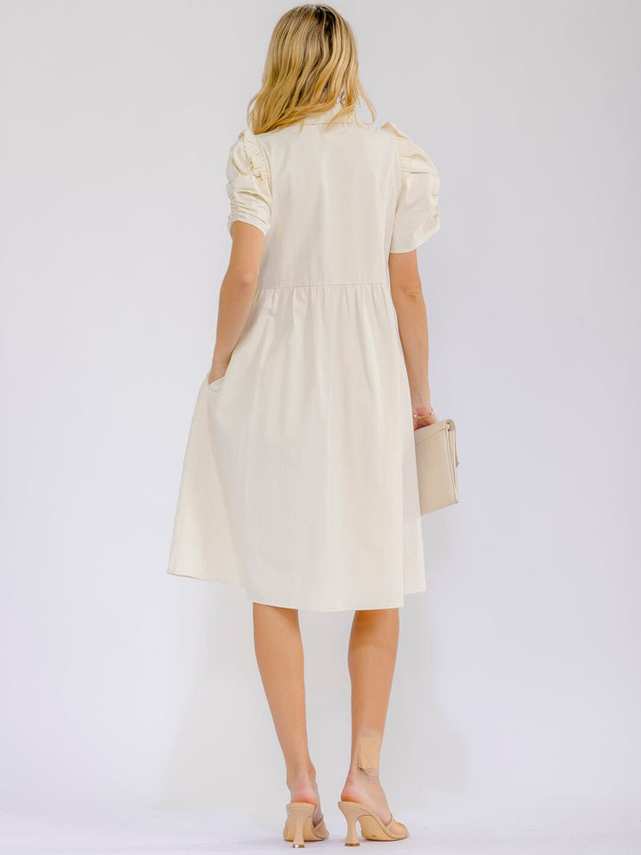 WOMEN'S SHORT PUFF SLEEVE BUTTON UP FRONT POCKETS MIDI DRESS