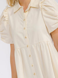 WOMEN'S SHORT PUFF SLEEVE BUTTON UP FRONT POCKETS MIDI DRESS