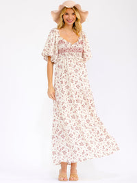 WOMEN'S SHORT PUFF SLEEVE V-NECK FRONT POCKETS SMOCK FLORAL MAXI DRESS