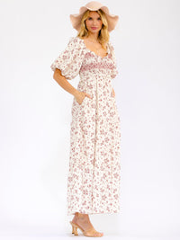 WOMEN'S SHORT PUFF SLEEVE V-NECK FRONT POCKETS SMOCK FLORAL MAXI DRESS