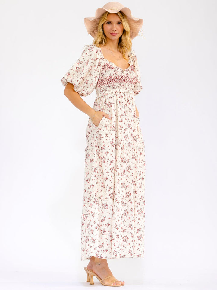 WOMEN'S SHORT PUFF SLEEVE V-NECK FRONT POCKETS SMOCK FLORAL MAXI DRESS