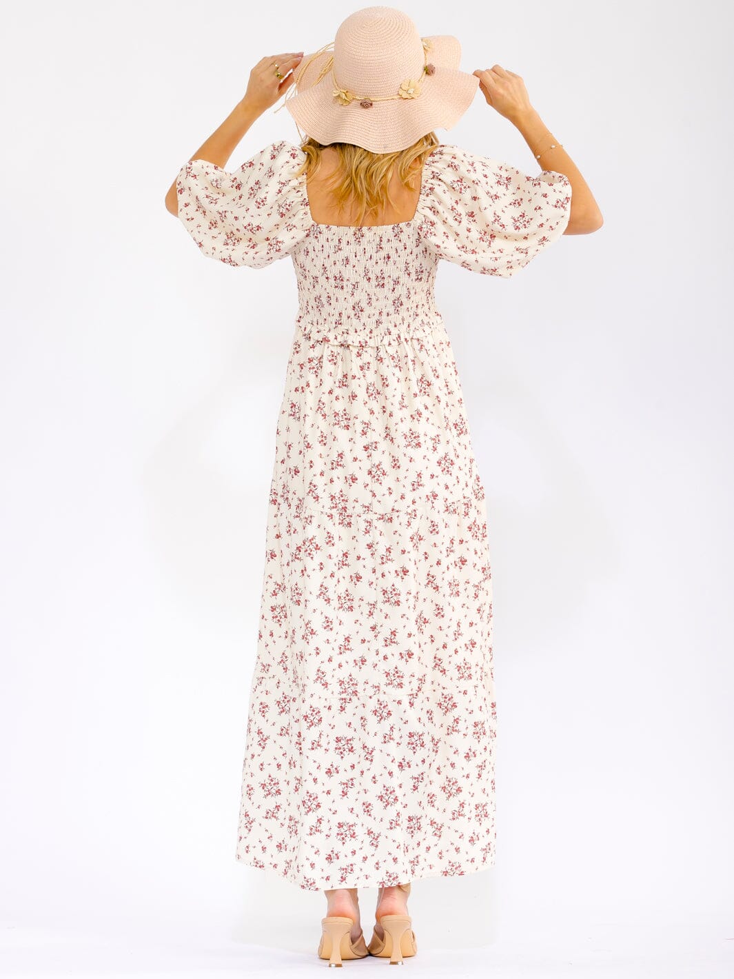 WOMEN'S SHORT PUFF SLEEVE V-NECK FRONT POCKETS SMOCK FLORAL MAXI DRESS