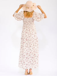 WOMEN'S SHORT PUFF SLEEVE V-NECK FRONT POCKETS SMOCK FLORAL MAXI DRESS