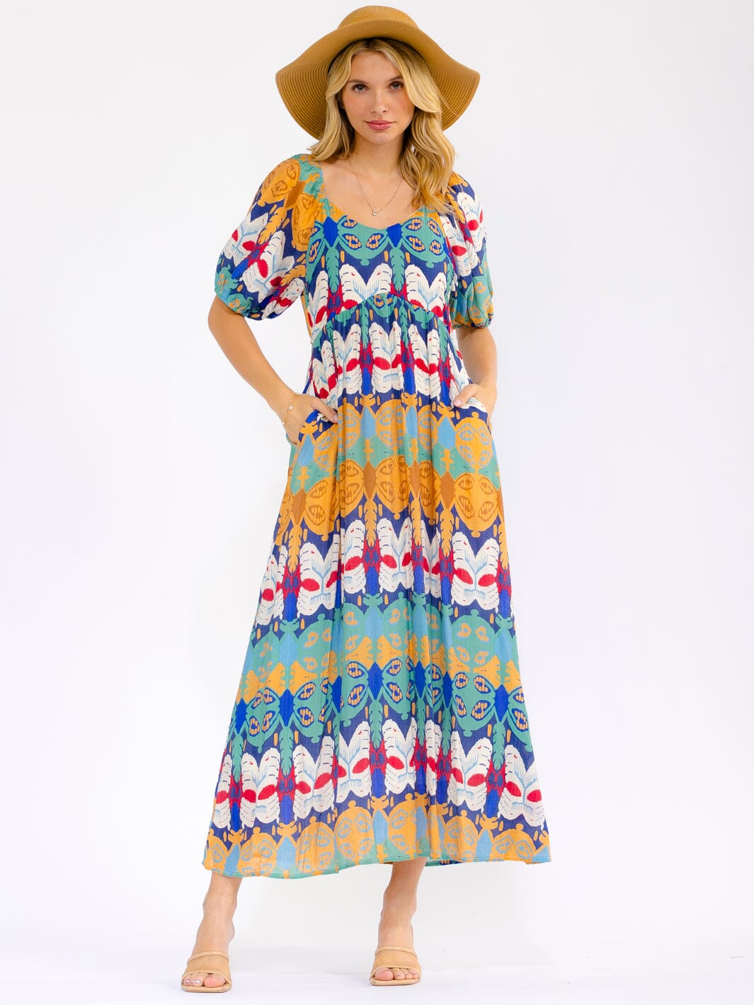 WOMEN'S SHORT SLEEVE V-NECK FRONT POCKETS MULTI PRINT MAXI DRESS