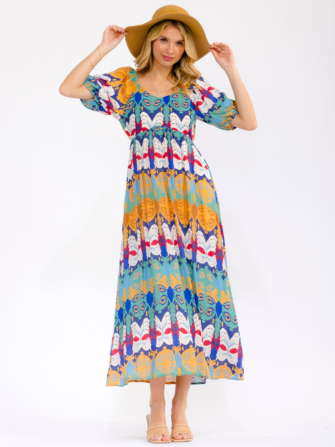 WOMEN'S SHORT SLEEVE V-NECK FRONT POCKETS MULTI PRINT MAXI DRESS