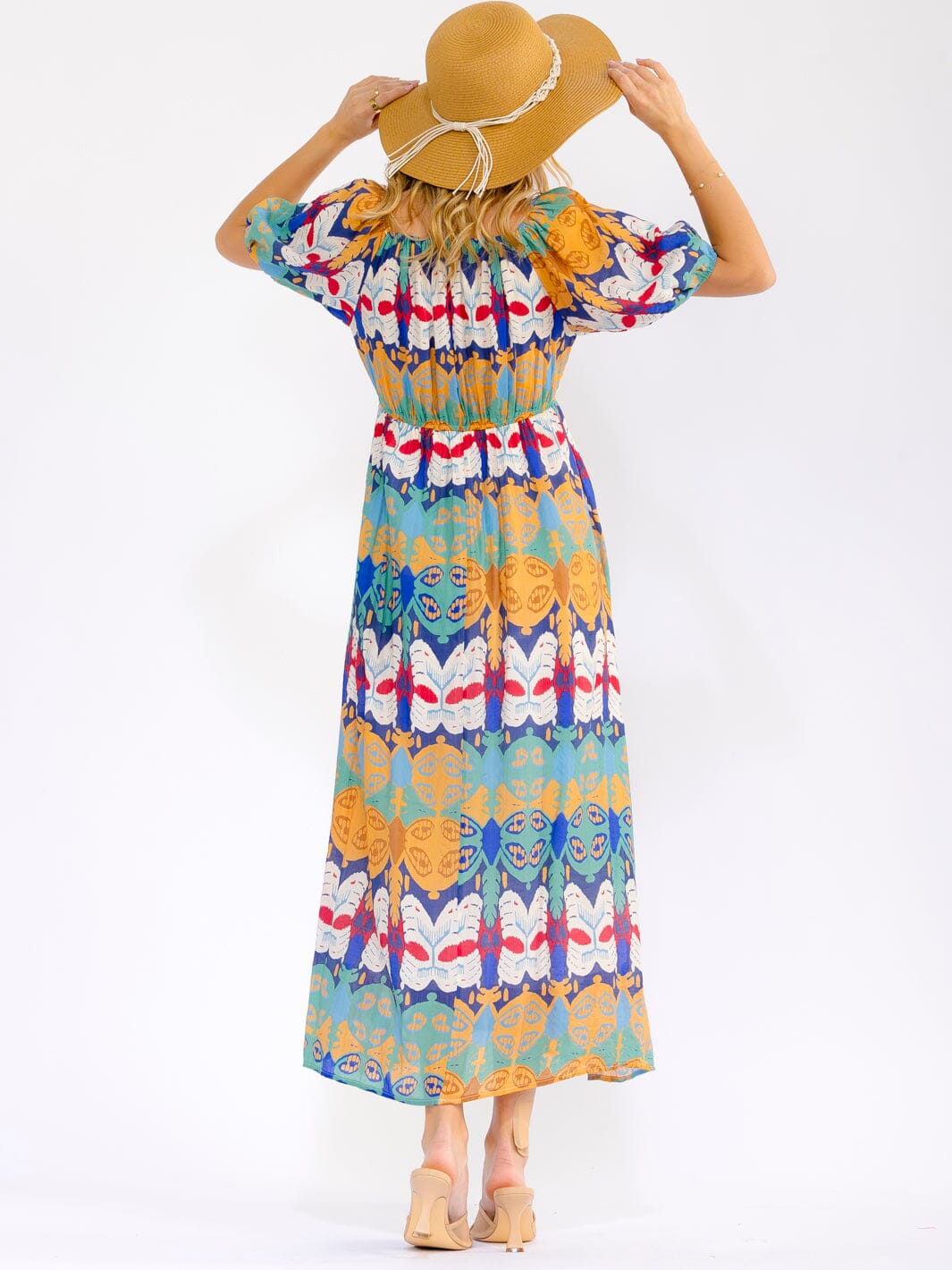 WOMEN'S SHORT SLEEVE V-NECK FRONT POCKETS MULTI PRINT MAXI DRESS