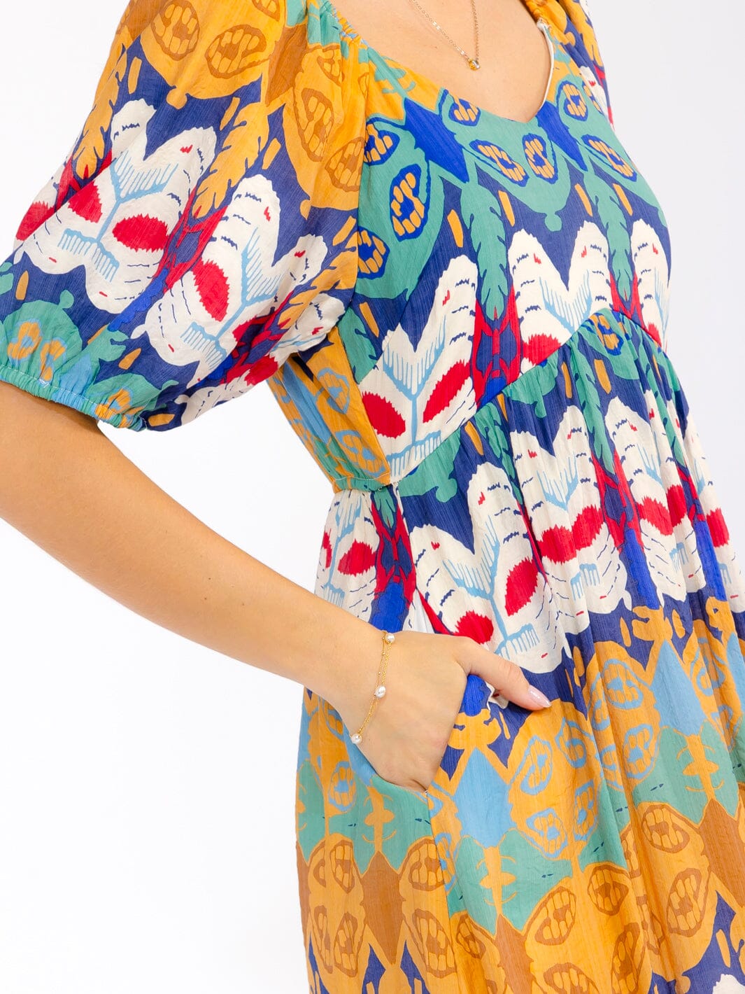 WOMEN'S SHORT SLEEVE V-NECK FRONT POCKETS MULTI PRINT MAXI DRESS