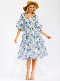 WOMEN'S SHORT PUFF SLEEVE SQUARE NECK FRONT POCKETS FLORAL MIDI DRESS