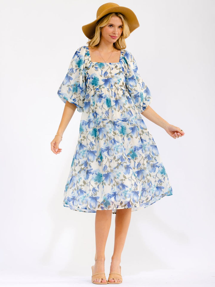 WOMEN'S SHORT PUFF SLEEVE SQUARE NECK FRONT POCKETS FLORAL MIDI DRESS