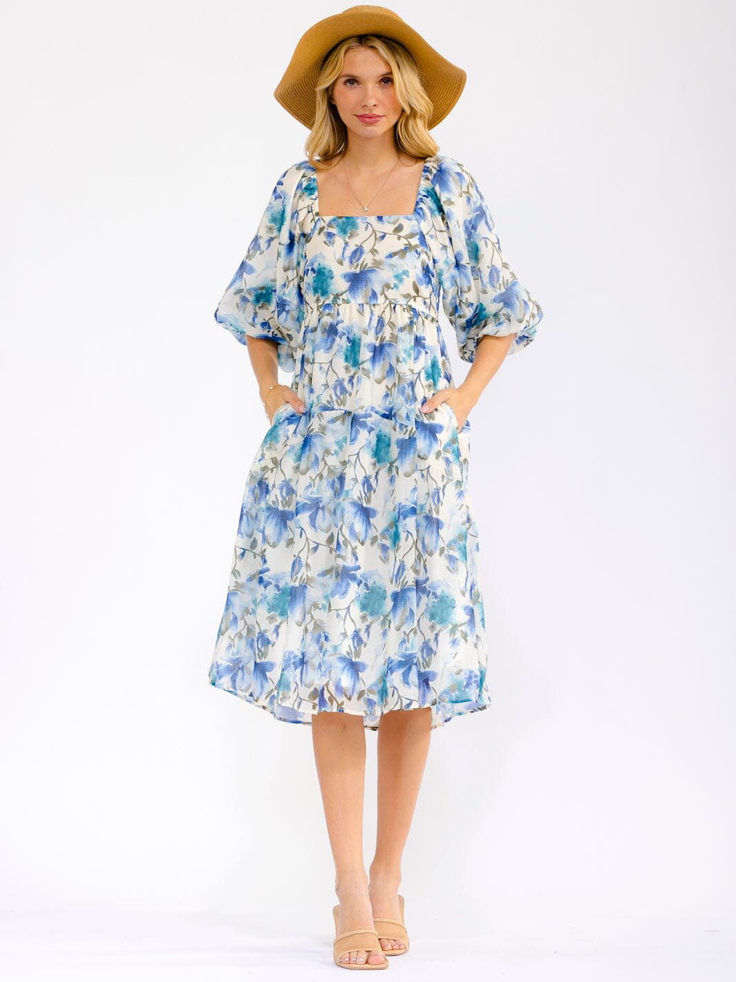 WOMEN'S SHORT PUFF SLEEVE SQUARE NECK FRONT POCKETS FLORAL MIDI DRESS