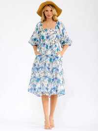 WOMEN'S SHORT PUFF SLEEVE SQUARE NECK FRONT POCKETS FLORAL MIDI DRESS