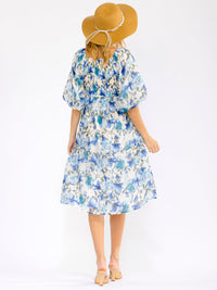 WOMEN'S SHORT PUFF SLEEVE SQUARE NECK FRONT POCKETS FLORAL MIDI DRESS