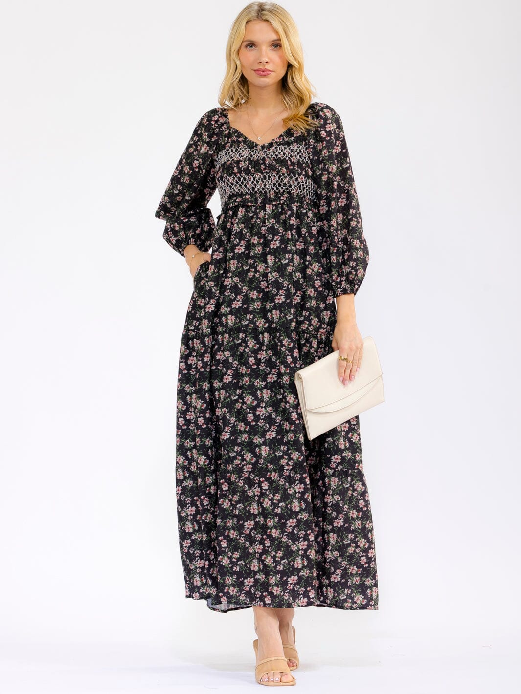 WOMEN'S 3/4 SLEEVE V-NECK FRONT POCKETS ELASTIC WAIST FLORAL MAXI DRESS