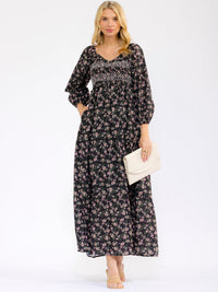 WOMEN'S 3/4 SLEEVE V-NECK FRONT POCKETS ELASTIC WAIST FLORAL MAXI DRESS