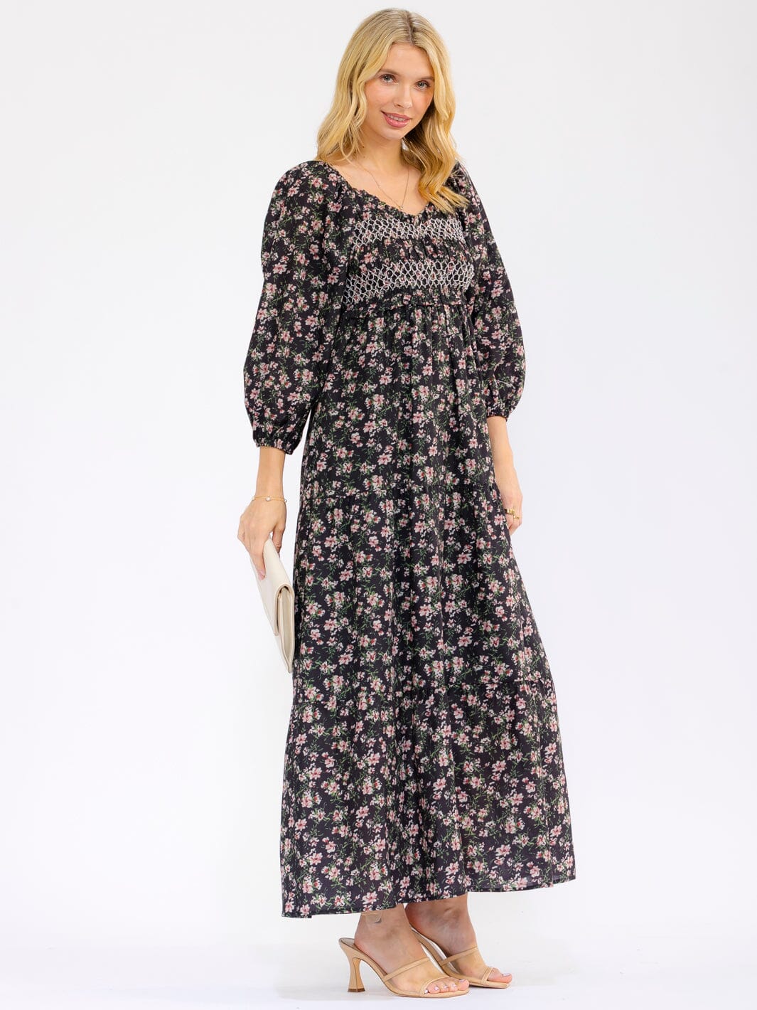 WOMEN'S 3/4 SLEEVE V-NECK FRONT POCKETS ELASTIC WAIST FLORAL MAXI DRESS