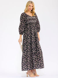 WOMEN'S 3/4 SLEEVE V-NECK FRONT POCKETS ELASTIC WAIST FLORAL MAXI DRESS