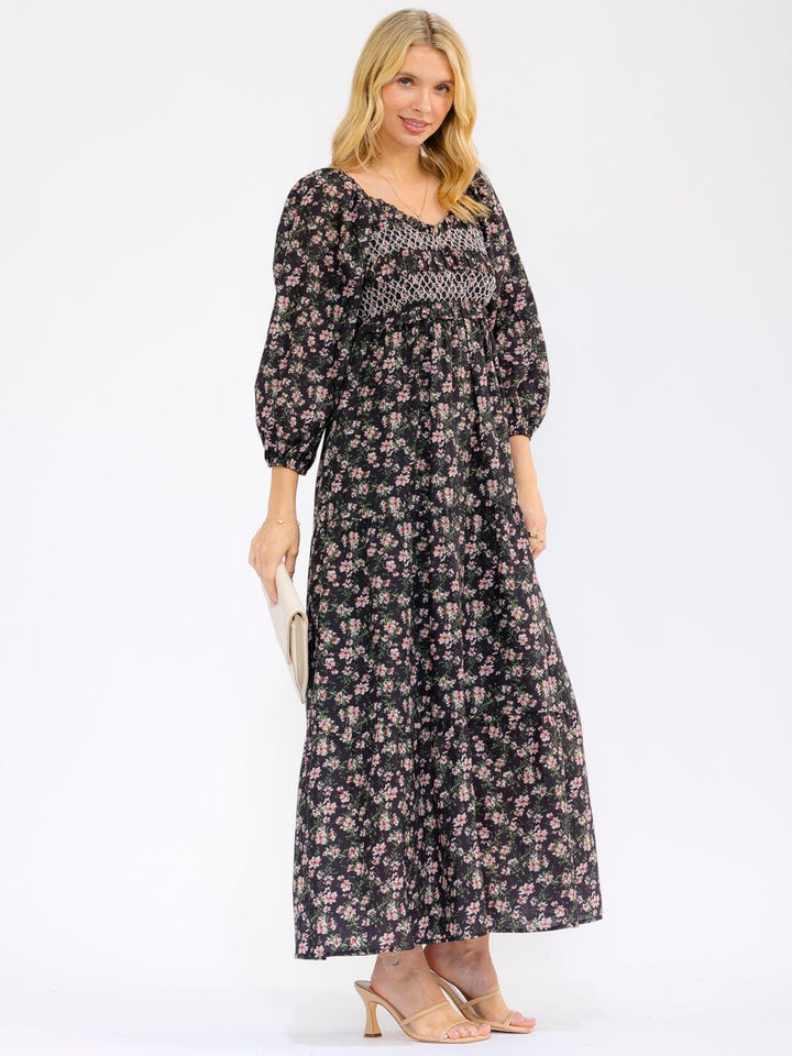 WOMEN'S 3/4 SLEEVE V-NECK FRONT POCKETS ELASTIC WAIST FLORAL MAXI DRESS