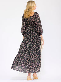 WOMEN'S 3/4 SLEEVE V-NECK FRONT POCKETS ELASTIC WAIST FLORAL MAXI DRESS