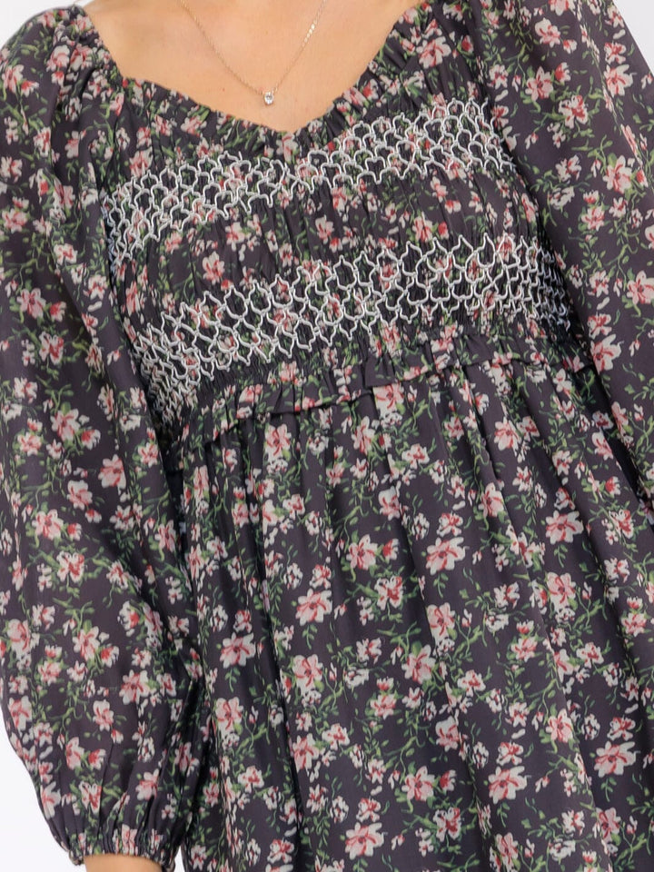 WOMEN'S 3/4 SLEEVE V-NECK FRONT POCKETS ELASTIC WAIST FLORAL MAXI DRESS