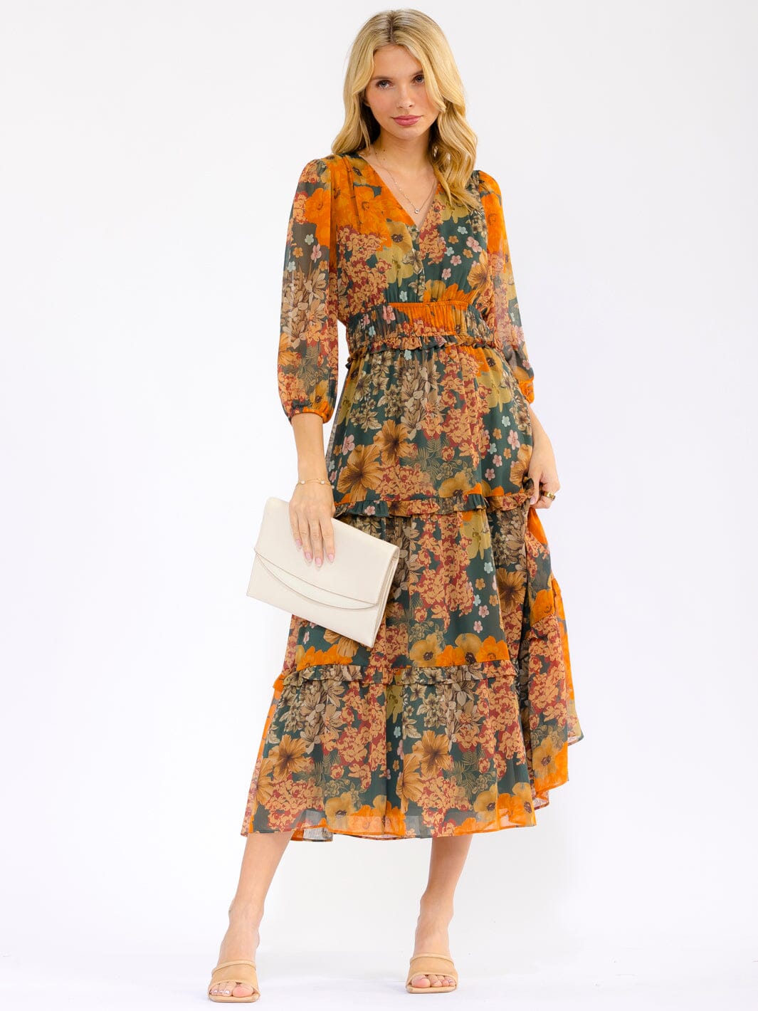 WOMEN'S 3/4 SLEEVE V-NECK ELASTIC WAIST TIERED FLORAL MAXI DRESS