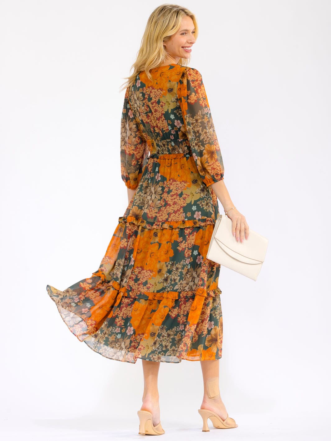 WOMEN'S 3/4 SLEEVE V-NECK ELASTIC WAIST TIERED FLORAL MAXI DRESS