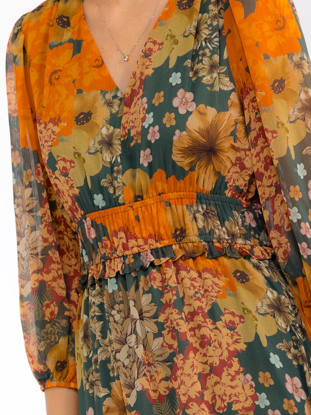 WOMEN'S 3/4 SLEEVE V-NECK ELASTIC WAIST TIERED FLORAL MAXI DRESS