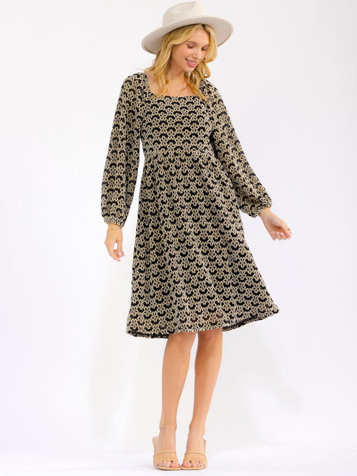 WOMEN'S LONG SLEEVE SQUARE NECK POCKETS FLORAL DETAILED ELASTIC WAIST MIDI DRESS
