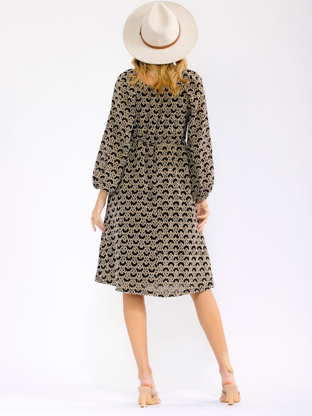 WOMEN'S LONG SLEEVE SQUARE NECK POCKETS FLORAL DETAILED ELASTIC WAIST MIDI DRESS