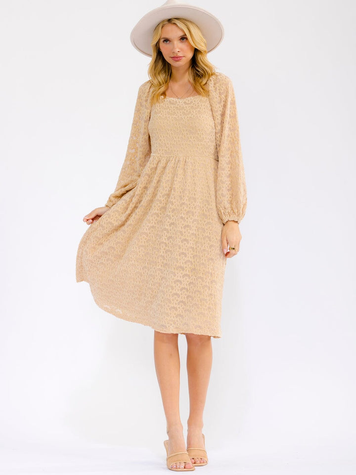 WOMEN'S LONG SLEEVE SQUARE NECK POCKETS FLORAL DETAILED ELASTIC WAIST MIDI DRESS