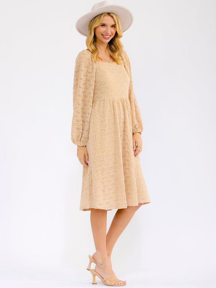 WOMEN'S LONG SLEEVE SQUARE NECK POCKETS FLORAL DETAILED ELASTIC WAIST MIDI DRESS