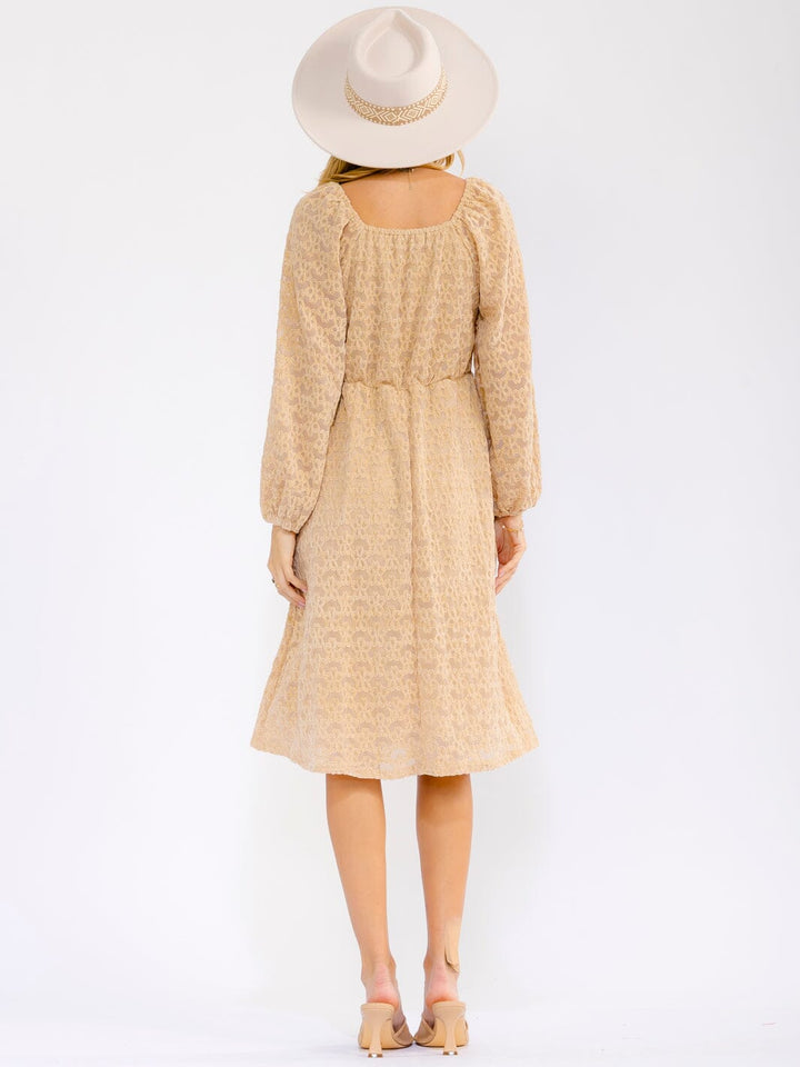 WOMEN'S LONG SLEEVE SQUARE NECK POCKETS FLORAL DETAILED ELASTIC WAIST MIDI DRESS