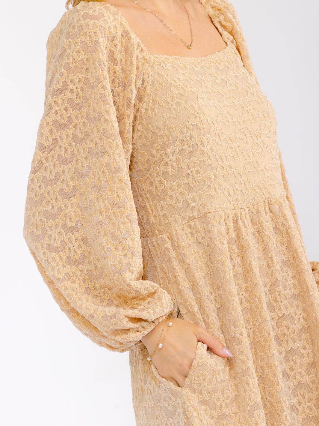 WOMEN'S LONG SLEEVE SQUARE NECK POCKETS FLORAL DETAILED ELASTIC WAIST MIDI DRESS